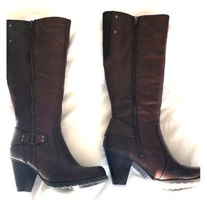 Brown knee high heeled boots